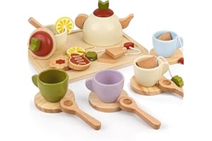 Little Log Wooden Tea Set Toys Kids Play Kitchen Accessories Tea Party Set for Children Pretend Play Wooden Food Toys for Girls Boys 3 Years and Up