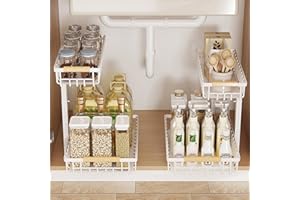 JOUING 2 Pezzi Organizer Sottolavello a 2 Livelli Regolabile in Altezza Organizzatore Sotto Lavello Metallo Scorrevoli Cassetti Scaffale Estraibile per Cucina Bagno (Bianco, confezione da 2)