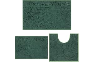 MEGAROOM Non Slip Chenille Bath Mat Set - Bathroom Mat Set with U-Shaped Toilet Mat - Soft and Anti Mould Bath Mat Set 3 Pieces for Safety and Comfort, Water Absorbent and Quick Drying（Dark Green）