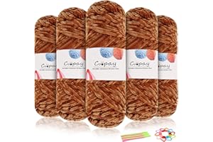 Coopay Lana de chenilla de terciopelo para ganchillo, 500 g (5 x 100 g), hilo de chenilla de terciopelo, lana gruesa para tejer, mullida, suave y aterciopelada, con accesorios de ganchillo para
