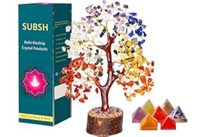 SUBSH Seven Chakra Money Tree | Seven Chakra Stone Pyramid | Natural Healing Gemstone Crystal | Bonsai Fortune for Good Luck |Wealth & Prosperity Home | Office Décor Spiritual Gift Size 10-12 Inches