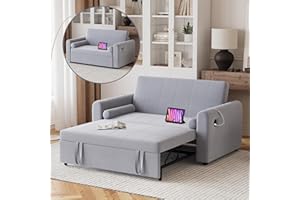 Hello-5ive 2 Seater Sofa Bed, 3 in 1 Convertible Corner Sofa Bed with USB & Type-C Ports, 190cm Pull Out Linen Double Sleeper Chair with Pocket and Adjustable Backrest for Living Room, Light Grey