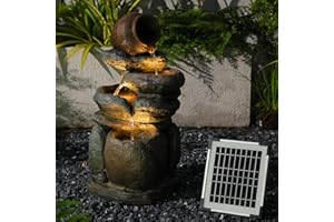 BUMILGAR Solarbrunnen für Draussen,4 Stufen Stapelbare Krug Springbrunnen Solar Gartenbrunnen Wasserspiel Wasserfall Solarbetrieben außen mit LED Licht Deko Garten, 56x28x22.8 cm