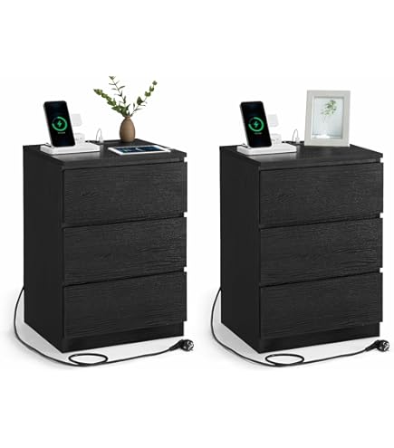 VASAGLE Kailyn Collection – 2er-Set Nachttisch mit Steckdosenleiste, Beistelltisch, 2 Schubladen, 2 AC-Steckdosen, 2 USB-A-Ports, für Wohnzimmer, Schlafzimmer, Büro, modern, Holzschwarz LET821B02