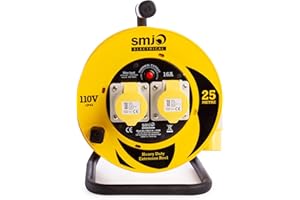 MAZO SMJ 110V Light Industrial Extension Cable Open Drum Reel - Thermal Cut Out - 25m 16A 2 Way Gang Sockets 1.5mm IP44 Splash Proof Steel Frame Handle