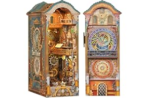 Tonecheer Zestaw do samodzielnego wykonania z osłoną przeciwpyłową i oświetleniem LED, wieża zegarowa 3D, drewniane puzzle, ruchome i obrotowe części, kreatywna dekoracja regału na książki, wyjątkowy