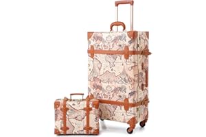 urecity Vintage Luggage Set of 2, Retro Suitcase with Wheels for Men and Women, Cute Designer Travel Luggage Set with Boarding Tote, Luggage Zipperless TSA Approved (Map, S(12")+M(20"))