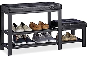 ‎RELAXDAYS Relaxdays Szafka na buty z podnóżkiem, wygodna tapicerka siedziska, 2 poziomy, regał na buty dla dzieci, 50 x 30,5 x 90,5 cm, czarna