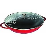 STAUB Wok in Ghisa, Include Coperchio in Vetro e Griglia Rimovibile, Adatto per Induzione, Ø 37 cm, 5,7 L, Ciliegia