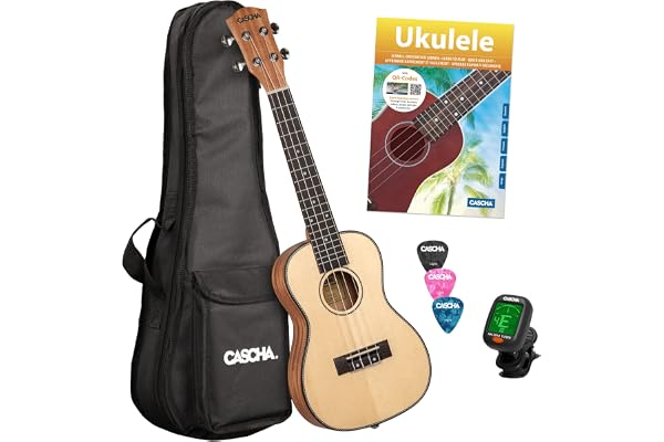 CASCHA Ukulélé de concert, couverture en épicéa massif, top solide, kit d'apprentissage de guitare hawaïenne avec accessoires, cordes aquila, livre débutant, sac, accordeur et 3 médiators