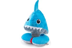 BenBat Hooded Travel Pillow Neck Support – Soft, Polyester Total Car Seat Head Support for Children 4+ with Magnetic Closure and Ponytail Hole – Machine-Washable Travel Essentials (Blue-Shark)