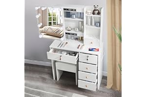 Guanglai Makeup Vanity with Drawers and Power Outlet, Vanity Desk with Chair and Lighted Mirror, Vanity for Bedroom, Makeup Room, White