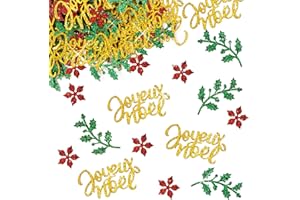 BETESSIN 100Pcs Décoration Table Noël Confettis Pailletés Motif Joyeux Noël Feuilles Vertes Fleurs pour Fabrication des Cartes Bricolage