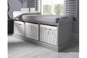 Tetbury Grey Storage Bench with 3 white baskets. Lovely matte grey bench with cushion and storage baskets. Fully Assembled