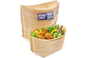 MATANA 100 Barquitas de Bambú Desechables para Aperitivos, 21x11cm - Cuencos de Madera, Platos de Bambú - Ecológicos y Biodegradables - Bodas, Cumpleaños, Buffet, Catering, Fiestas
