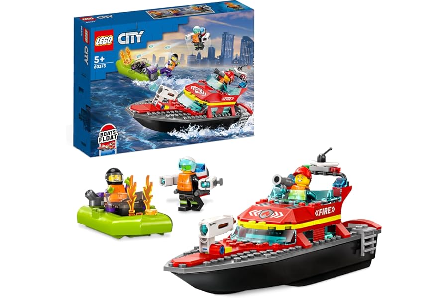 LEGO 60373 City Fire Rescue Boat Fire Brigade Floating Toy Ship with Rescue Inflatable and Minifigure