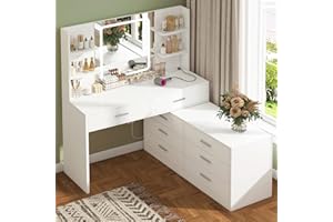 TEENFON Schminktisch mit LED-Licht Spiegel & Steckdose, 8 Schubladen, 6 Ablageflächen, 3 Farben mit Einstellbarer Helligkeit Kosmetiktisch, Ecke Vanity, L-Form ändern, Weiß