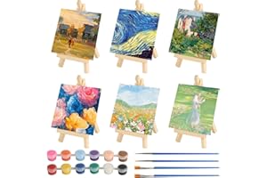 ERSHIPING 6 PackMini Leinwand mit Mini Staffelei, Mini Leinwände zum BemalenMini Leinwand zum Bemalen Set für Acrylfarbe Aquarell, inkl. 6 Holz Staffeleien, 4 Pinsel, 2 Farbsets (10 x 10 cm)