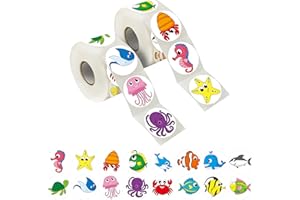 HEBAYY 600 entzückende runde Meerestieraufkleber in 16 Designs mit perforierter Linie; erweiterte Version (jeweils 3,8 cm Durchmesser)