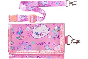 PinkSheep Kids Wallet for Girls Ages 4-18, Trifold Childs Purse with Letters, Novelty Wallet with Lanyard Zippered Coin Pocket Card Holders (Cat)