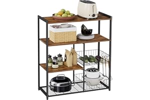 VASAGLE Estantería de Cocina con 2 Cestas de Malla Metálica, con Estantes y Ganchos, Estantería para Microondas, 35 x 80 x 93,5 cm, Marrón Rústico y Negro KKS96X