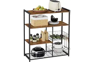 VASAGLE Estantería de Cocina con 2 Cestas de Malla Metálica, con Estantes y Ganchos, Estantería para Microondas, 35 x 80 x 93,5 cm, Marrón Rústico y Negro KKS96X