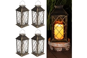 LUMILED 4 x latarnie solarne do użytku na zewnątrz, do użytku na zewnątrz, szklana latarnia LED, lampa solarna z efektem migotania, IP44, vintage, patyna, wisząca lampa dekoracyjna, lampa zewnętrzna,