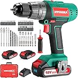 HYCHIKA Taladro Percutor Atornillador 18V 45Nm, 2×2.0Ah Baterías, 53 Accesorios, Mango Auxiliar, 21+3 Ajustes de Par, Cargado