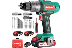 HYCHIKA Taladro Percutor Atornillador 18V 45Nm, 2×2.0Ah Baterías, 53 Accesorios, Mango Auxiliar, 21+3 Ajustes de Par, Cargado
