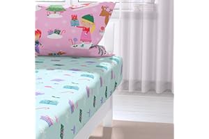 Happy Linen Company Girls Kids Festive Christmas Tree Ice Skating Sausage Dog Pink Toddler Cot Bed Fitted Sheet