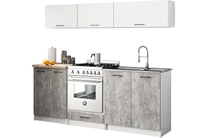 AKORD | Set di Mobili da Cucina Olivia 2m G1 | Cucina Completa Piccola | Componibile | su Misura 46 x 180 x 174 cm | Per un design moderno e Tradizionale | Bianco & Cemento Frontale