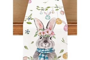 Vspek Bunny Happy Easter Table Runner, Linen Easter Flowers Table Runner Seasonal Spring Farmhouse Kitchen Dining Bunny Egg Easter Table Runner Decoration Home Party Decor Indoor Outdoor 13x72 Inch