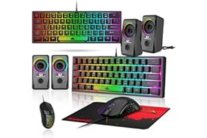 LexonElec Tastatur Maus Set Champing Zubehör PC Pack Combo – 60 Prozent Ultrakompakte Leuchtende Mini Tastatur QWERTY Layout Und 6400 DPI Maus Gaming Bass Lautsprecher Atmungsaktives Mauspad