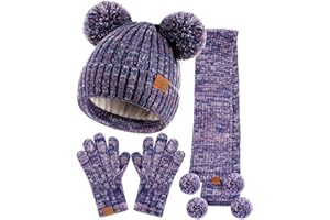 SENPUKI Hat Scarf and Gloves Set Kids, Winter Bobble Hat Beanie Knit Neck Warmer Gaiter Mittens Snood Scarf Gloves Fleece Lined Gifts Set for Girls Toddler Children