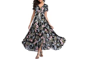 VOGMATE Femme Robe Chic Longue Col V à Fleur Manches Courtes en Coton Robe Maxi de Plage D'été Casual (S-2XL)