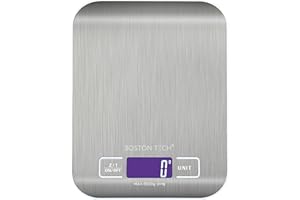 Balance de cuisine numérique Boston Tech - Acier inoxydable, haute précision, étanche, capacité de 5 kg, écran LCD, fonction tare, livre de recettes inclus (HK105)
