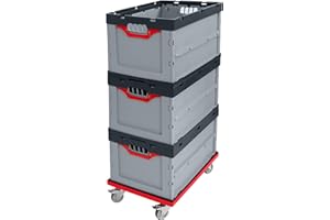 AUER PACKAGING Auer Faltbox FB 64/42 3er Set mit Rollwagen | Klappboxen 60x40x42cm, 87L | 3X Transportbox mit rotem Transportwagen | Lagerbox stapelbar und faltbar | Kommissionierbox stabil