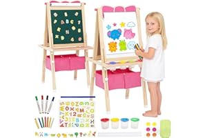 Siairo Lavagna per bambini, Lavagna con Cavalletto Bambini in legno, Disegno dell'arco regolabile in altezza, per bambini, con Rotolo di carta Giocattoli Educativi 3+ Anni (Rosa)