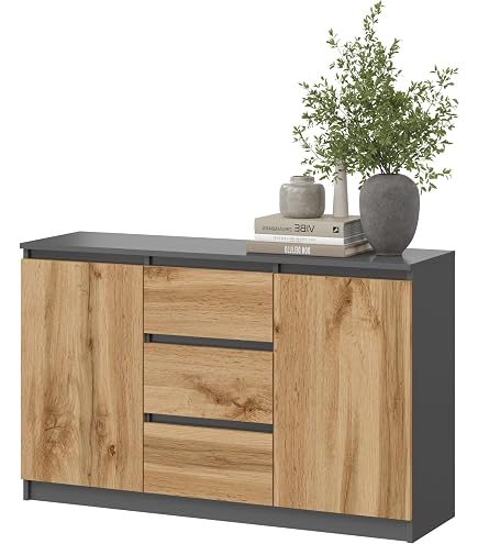 Stella Trading Gelsomino Jasmin-Credenza, Effetto Artistico, comò in Stile Rustico con cassetti e Molto Spazio, Legno ingegnerizzato, Grafite/Rovere Artisan, 182 x 102 x 41 cm