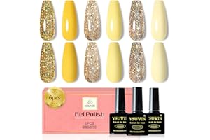 YSUVIN Esmalte Semipermanente, 6 Colores Amarillo Glitter Oro Kit Uñas Semipermanentes, Pintauñas Semipermanentes Soak Off UV/LED Gel Uñas Diy Manicura Nail Art Set, 8ml