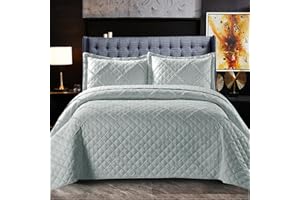 Fit Even Quilt Ruffle Bedspread 3 Piece Set – Coverless Quilted Diamond Pattern Bedspread, Comforter Throw, Summer and All-Season Lightweight Bedding Sets, with 2 Pillow Sham (Double, Silver)