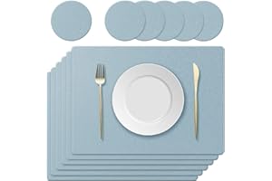 KERYCHIN 6 Silicone Placemats + 6 Non-Slip Table Coasters with Leaf Pattern Set, Heat Resistant 450 °F, Waterproof Place Mat for Kitchen, Home, Restaurant, Dining Table, 40 x 30 cm, Light Blue