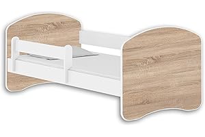 ‎ACMA Jugendbett Kinderbett mit einer Schublade mit Rausfallschutz und Matratze Weiß ACMA II 140 160 180 (160x80 cm, Weiß - Eiche Sonoma)