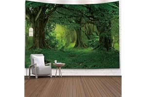 Mesnt Tapisserie Murale Psychédélique, Forêt Brumeuse Tapisserie Mur Suspendu Nature Paysage Tapisserie Esthétique Tapisserie pour Chambre Salon, Dortoir & Chambre Décor, Vert, 200x200cm