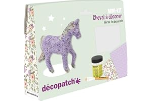 Decopatch KIT010O - Un mini KIT che include un animale in cartapesta bianca, 2 fogli Decopatch, un pennello e un vasetto di colla vernice, cavallo