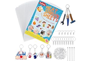 Auihiay 145 Stück Wärmeschrumpf-Plastikfolien-Kit Enthält 20 Stück Schrumpfpapier mit 125 Stück Schlüsselanhänger Zubehör für Kinder Creative Craft