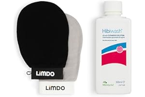 Hibiwash Skin Cleansing Kit - Antibacterial Body Wash 500ml with Limdo Exfoliating Gloves Bath SPA Exfoliating Mitts, Dual-Sided Deep Clean Dead Skin Remover Glove