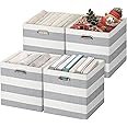 Posprica Large Collapsible Storage Bins Boxes Cubes Basket Containers Drawers Nurseries,Offices,Closets,Home Décor - 13''×13'',4pcs,Grey/Beige Stripes