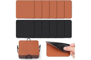 Myir JUN Dessous de Verre Double Face en Cuir - Set de 12 Sous Verres Originaux 10cm, Imperméables, Antidérapants, à l'Épreuve du Feu (Noir Marron)