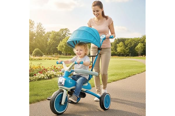 R for Rabbit Tiny Toes Karizma Tricycle for Kids with Light & Music, Parental Control, EVA Wheels, Foldable Footrest, Comfy Seat with Backrest, Baby Trike Cycle for 2-5 Years, Up to 25kg (Blue Grey)